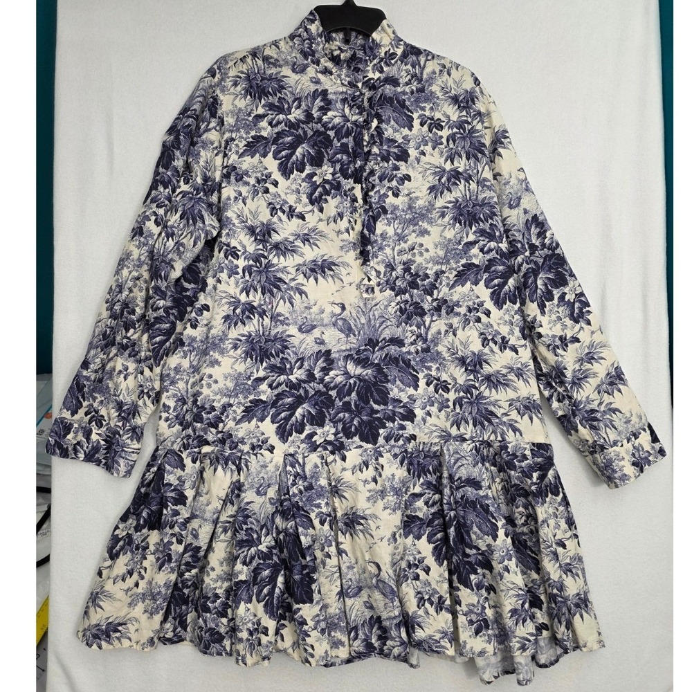 Tuckernuck Toile de Jouy Drop Waist Dress XXXL Blue Linen Ruffle Preppy Mini